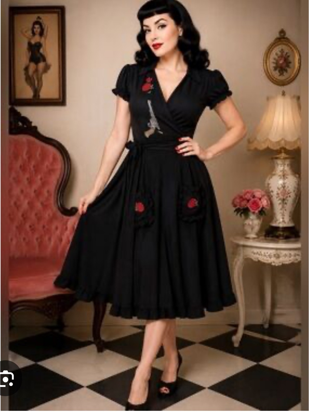 Lucky 13 Black Western Guns and Roses Embroidered Short Sleeve Wrap Dress XS - Picture 3 of 13